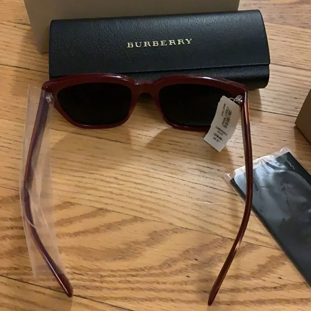 Burberry Bordeaux square sunglasses. New, with tags and case. In box.
